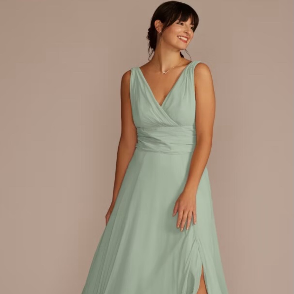 David's Bridal Dusty Sage long chiffon surplice tank Bridesmaid dress Size 12